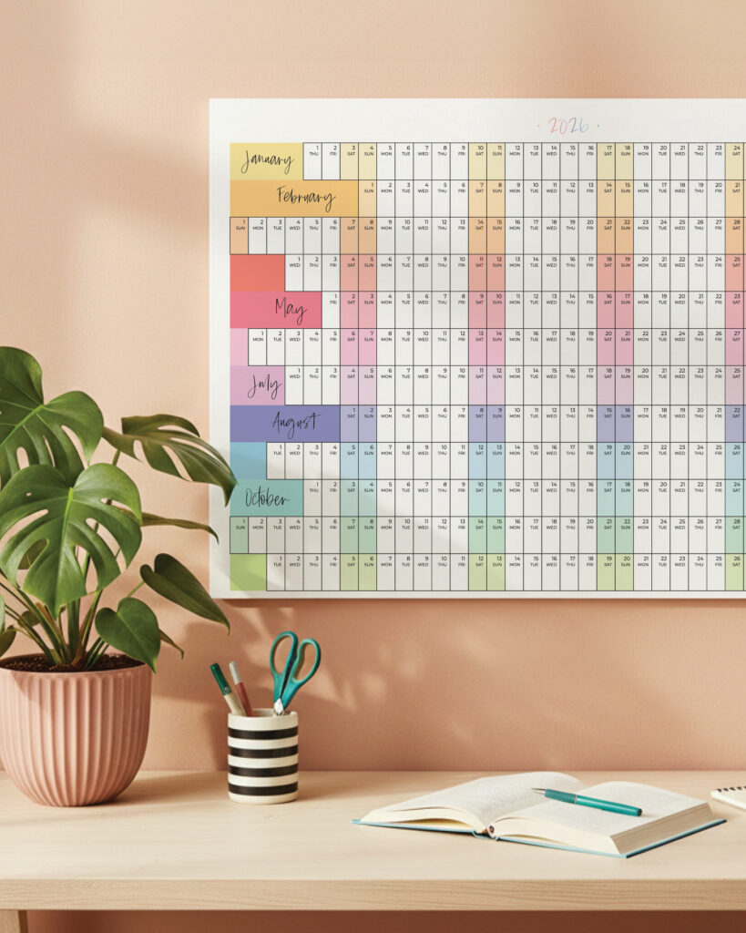 2026 printable rainbow wall planner with aligned weekends by Laadedar designs Etsy