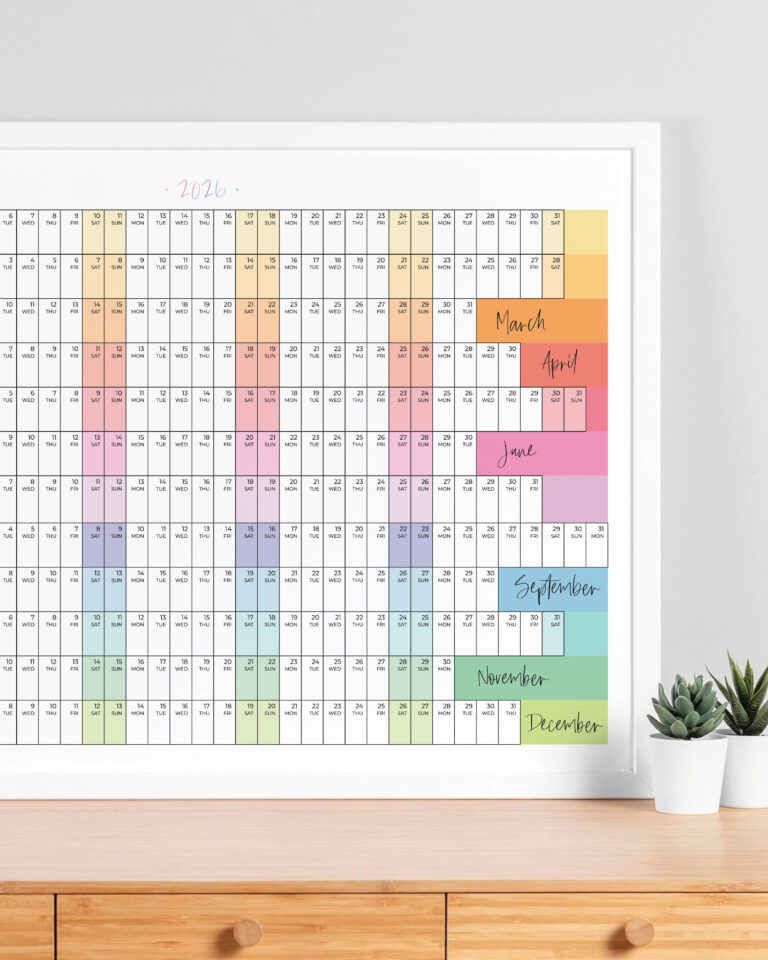 2026 printable rainbow wall planner with aligned weekends by Laadedar designs Etsy