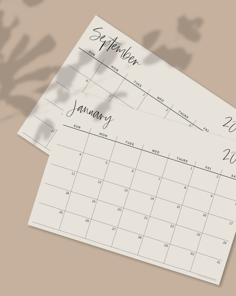 2026 Printable Monthly Calendar A4 Sunday Start, Wall Art (PDF & JPEG Files)