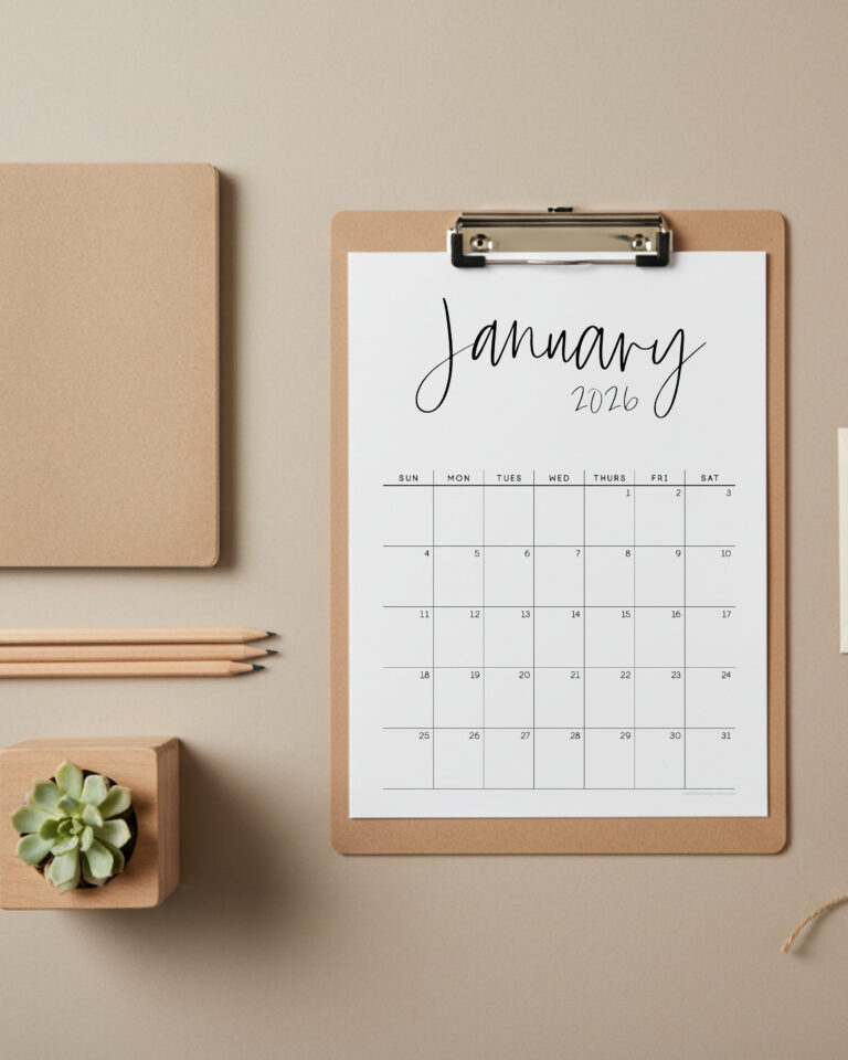 2026 Printable Monthly Calendar A4 Sunday Start, Wall Art (PDF & JPEG Files)