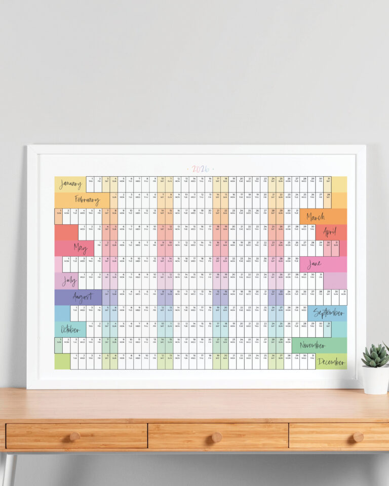 2026 printable rainbow wall planner with aligned weekends by Laadedar designs Etsy