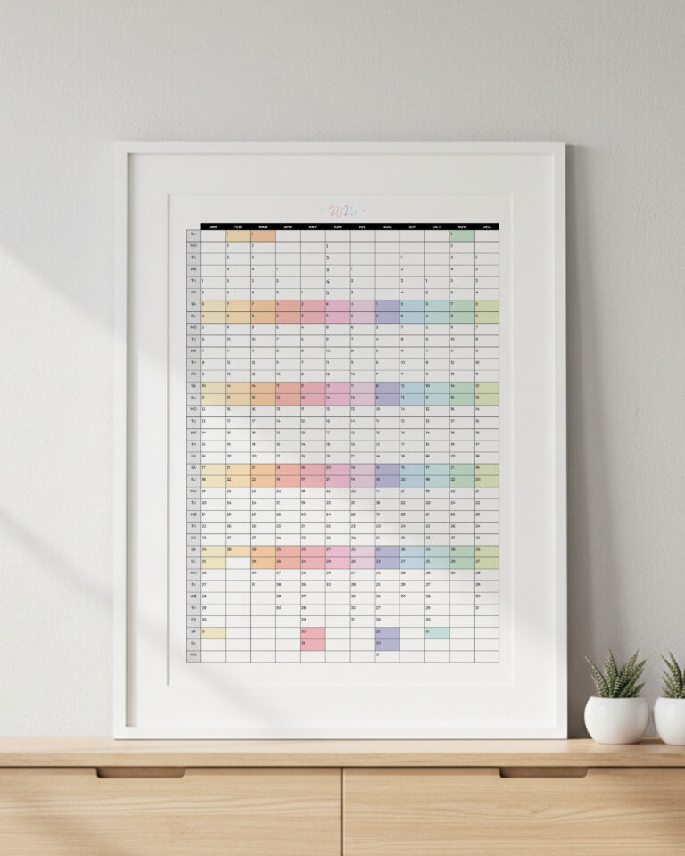 2026 printable rainbow wall planner with aligned weekends by Laadedar designs Etsy